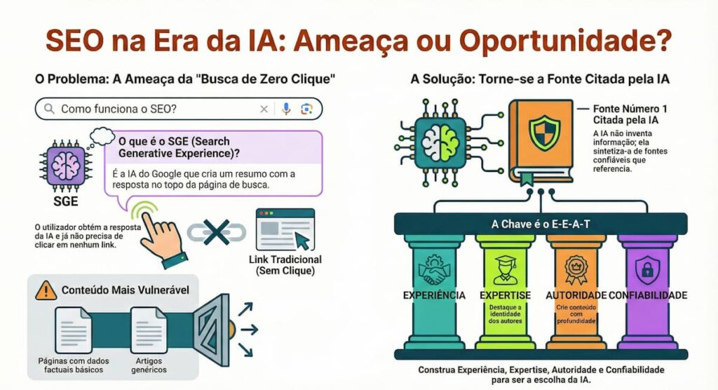 Infográfico que ilustra a evolução do SEO (Search Engine Optimization) na era da Inteligência Artificial (IA) e do SGE (Search Generative Experience) do Google